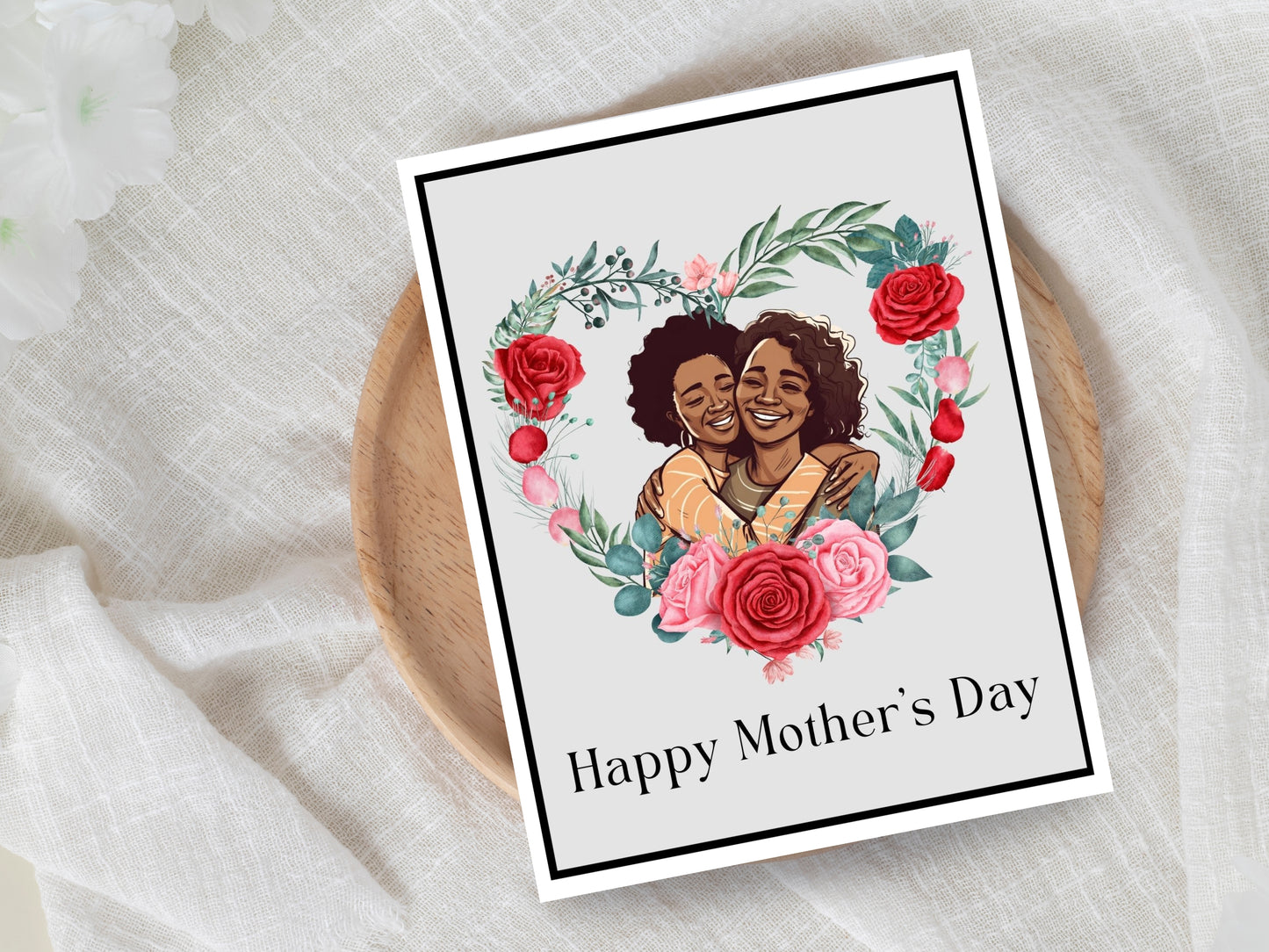 African American Mother's Day Card - Mother and Daughter Grey With Border