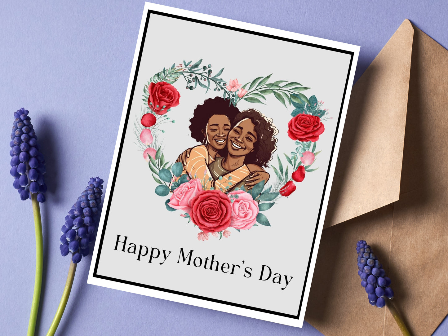 African American Mother's Day Card - Mother and Daughter Grey With Border