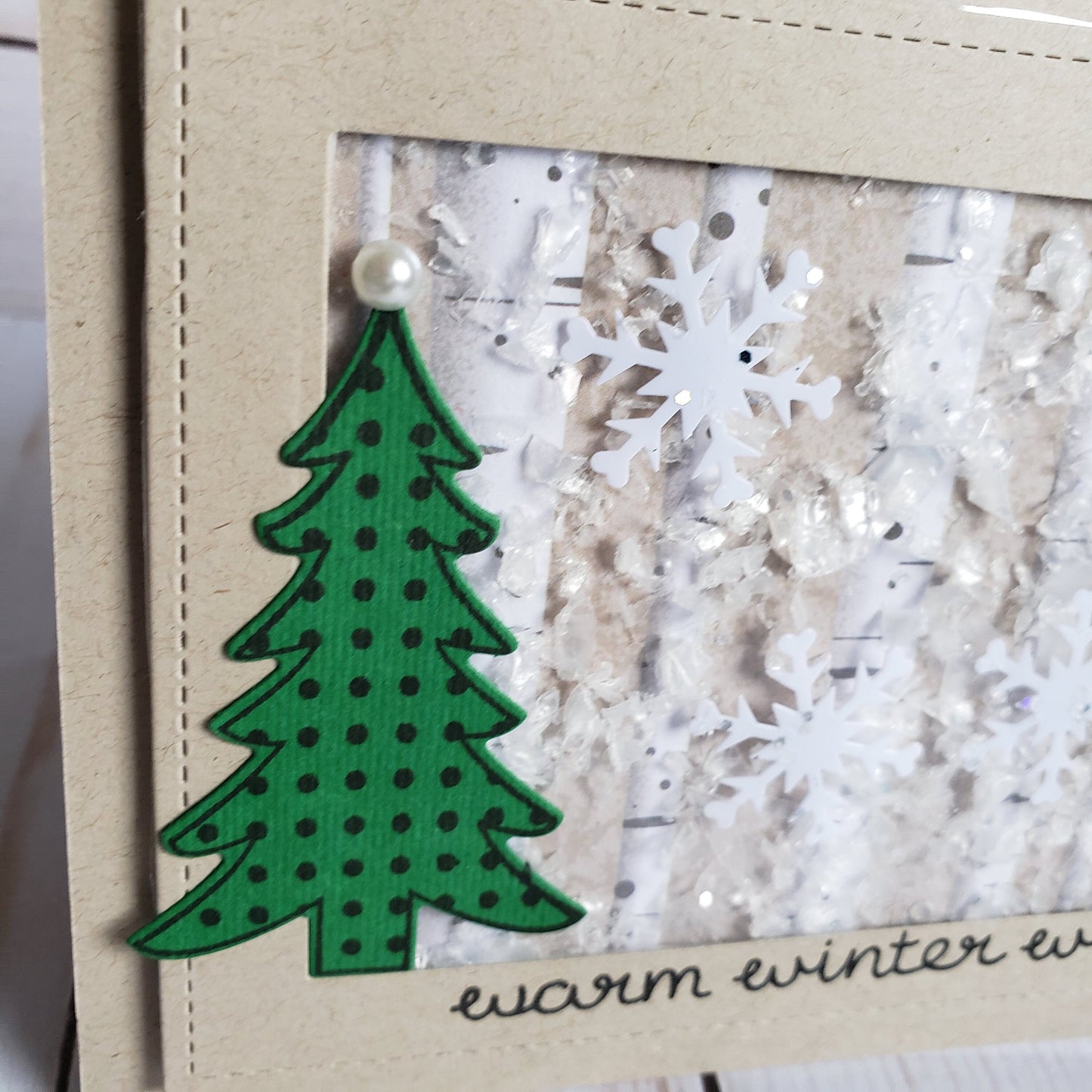 Kraft Christmas Tree Shaker Card Interactive With Background Snow Hand Made