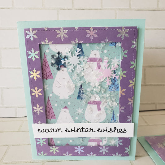 Polar Bear Winter Shaker Holiday Card 4 ct set with Foil Silver Colors and Snow Flakes