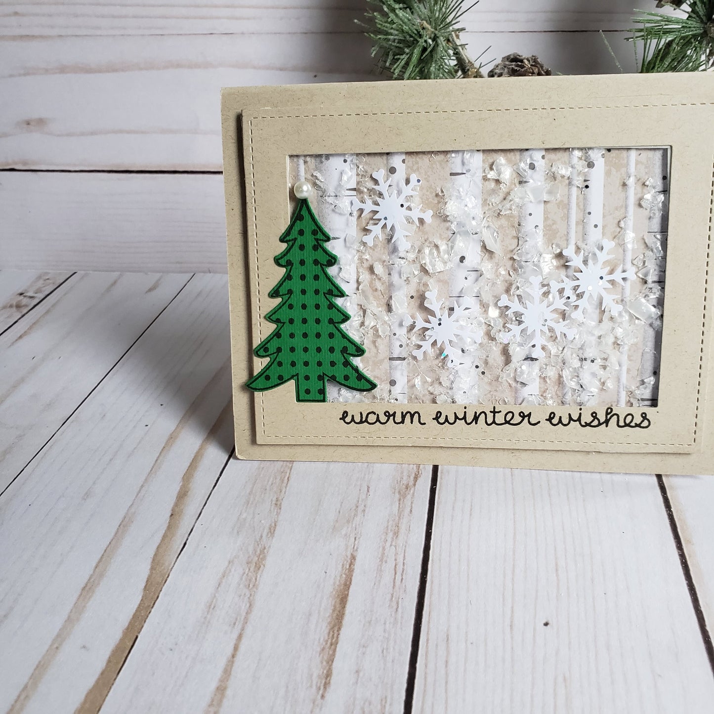 Kraft Christmas Tree Shaker Card Interactive With Background Snow Hand Made