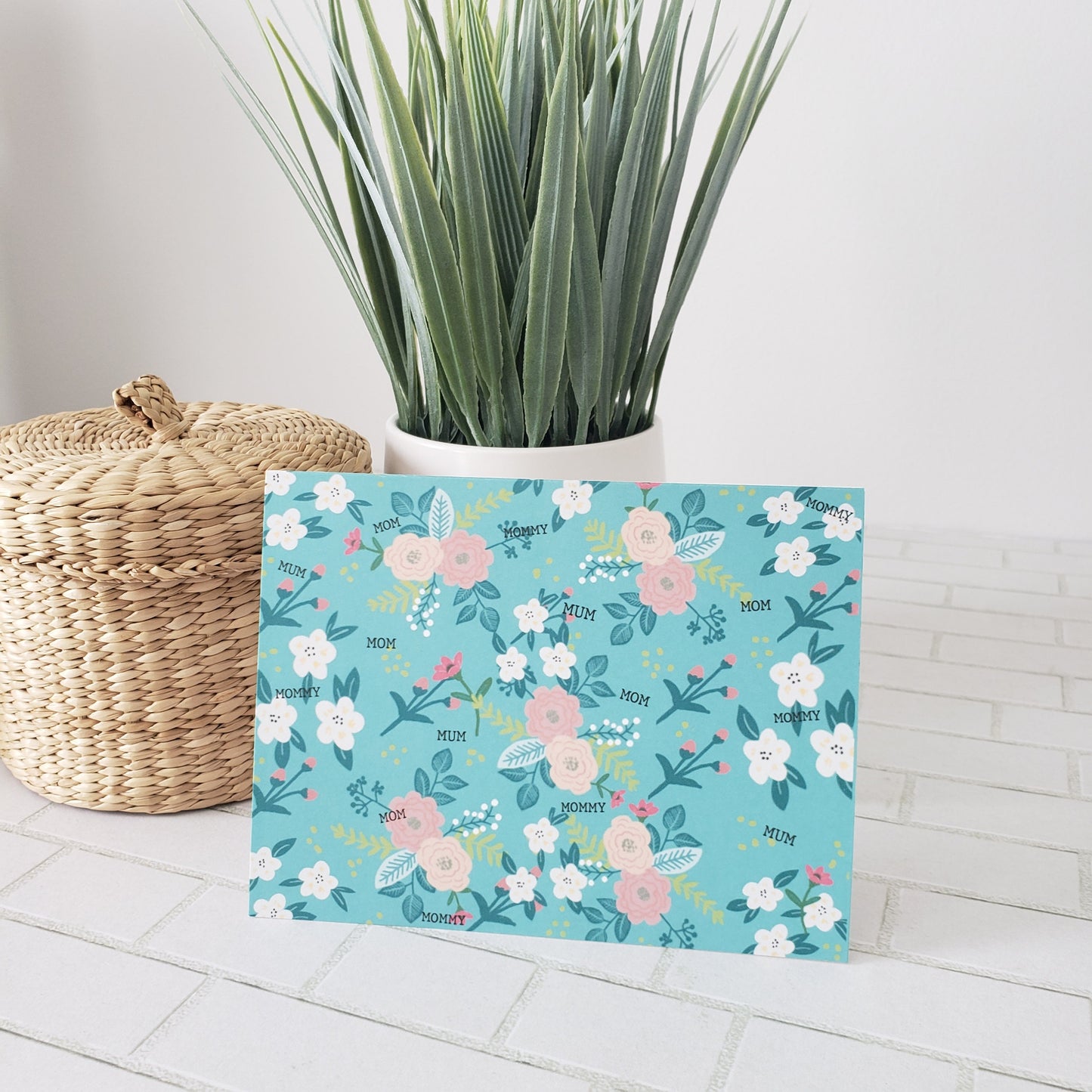 Greeting Card For Mom Blank Floral And Blue Turquoise Print With Mom, Mum, Mommy
