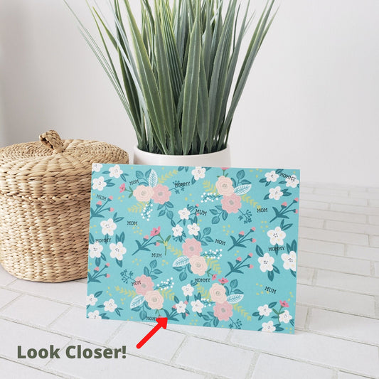 Greeting Card For Mom Blank Floral And Blue Turquoise Print With Mom, Mum, Mommy