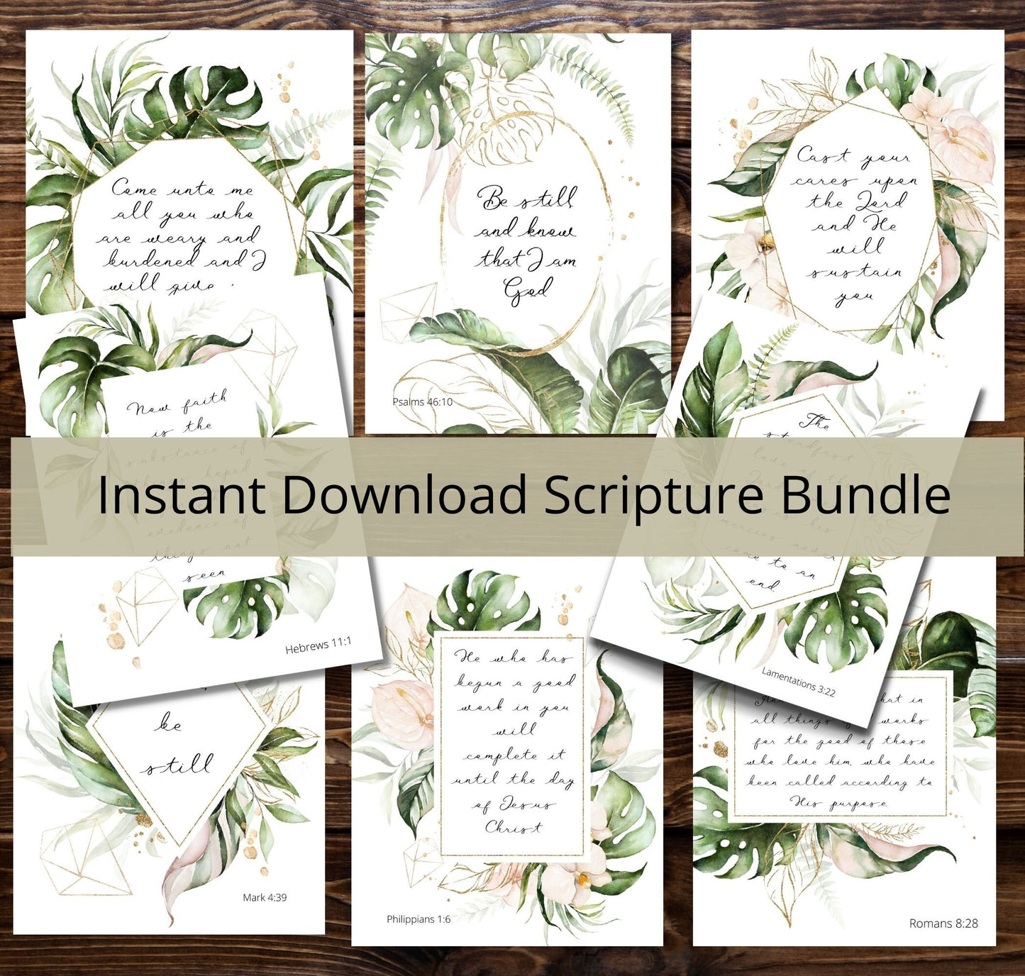 Scripture Cards Download, Botanical Watercolor Bundle, Boho, Gold Geometric Frame For Print Or Wall Art