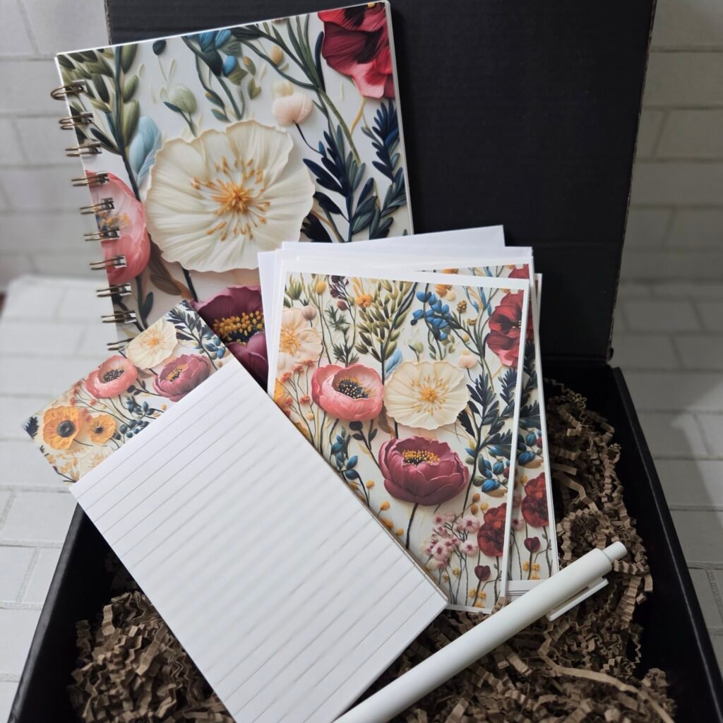 Floral Stationary/Journal Set, w/Hand Bound Spiral Journal, 6 Matching Notecards, Notepad and Pen